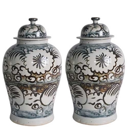 Pair Blue and White Temple Jars