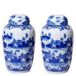 Pair Blue and White Fluted Jars