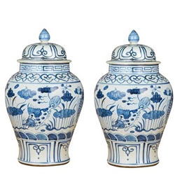 Pair Blue and White Fish Temple Jars